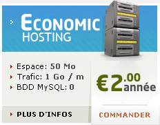 EconomicHosting, Espace disque 50mo, Trafic web 1Go / mois, Base de donn�es MySQL 5, Comptes FTP et Email (POP3), pour seulement 2 euros par an