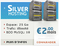SilverHosting, Espace disque 25Go, Trafic web illimit�, Base de donn�es MySQL 10, Comptes FTP et Email (POP3) 50, pour seulement 2 euros par mois